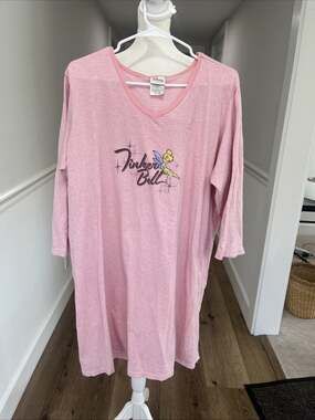 Disney Womens 2XL Tinker Bell Nightgown Sleep Shirt Pink V Neck Cotton TINY FLAW